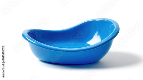 Side view of a blue plastic fracture bedpan on a white background, studio product shot