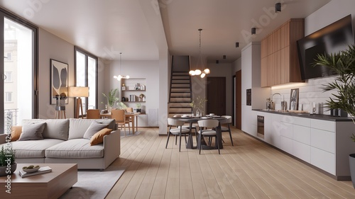 Modern open plan living room with dining area and kitchen