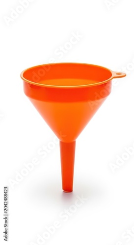 An empty orange plastic transfer funnel is prominently featured, centered and isolated on a clean white background, ready for liquids, oil, orange, funnel
