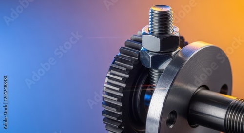 Close up shot of mechanical components being joined using a bolt and nut, illustrating permanent attachment and repair work, maintenance, stability, fix