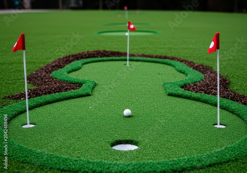 Conceptual view of a scaled replica miniature golf course layout placed directly onto the pristine putting surface, inside, unique, bunker