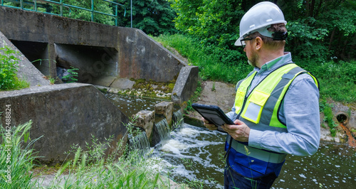 Φωτογραφία Ecologist hydrologist working near river weir for flood prevention and environmental protection