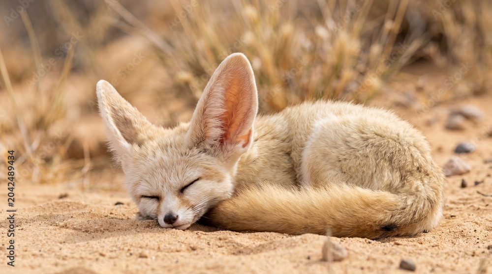 Fototapeta premium A fennec fox sleeping peacefully on desert sand. Its oversized ears and thick, sandy fur are prominent. The scene radiates a soft, tranquil, and innocent warmth.