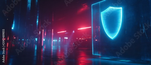 Futuristic cyberpunk cityscape with neon blue shield on wall red and blue lights reflecting on wet floor sleek technology and security concept at night