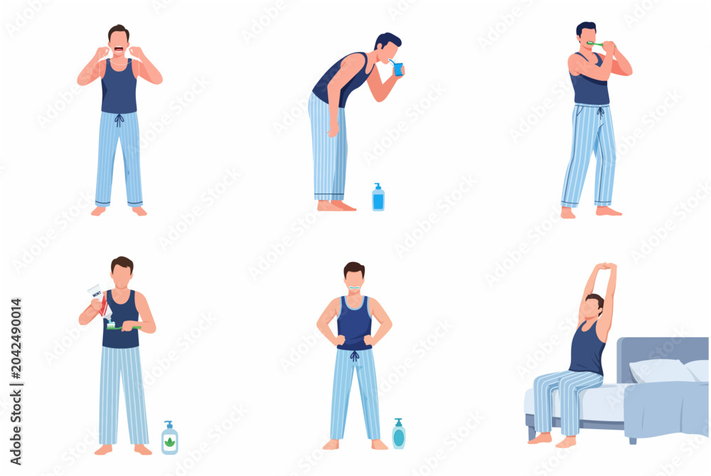 Fototapeta premium Male Character Performing Daily Morning Hygiene Routine and Dental Care Illustration Set