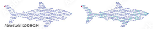 Stylized shark illustrations with hexagonal patterns in blue and grey  