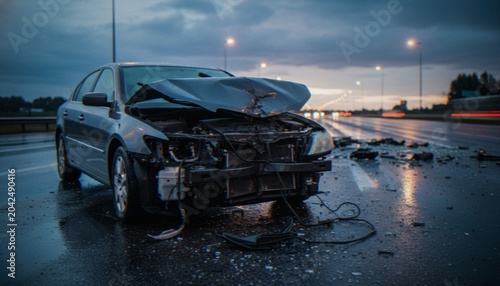 Canvas-taulu A severely damaged car with a crushed hood sits on a wet highway at dusk after a traffic accident, with debris scattered across the road