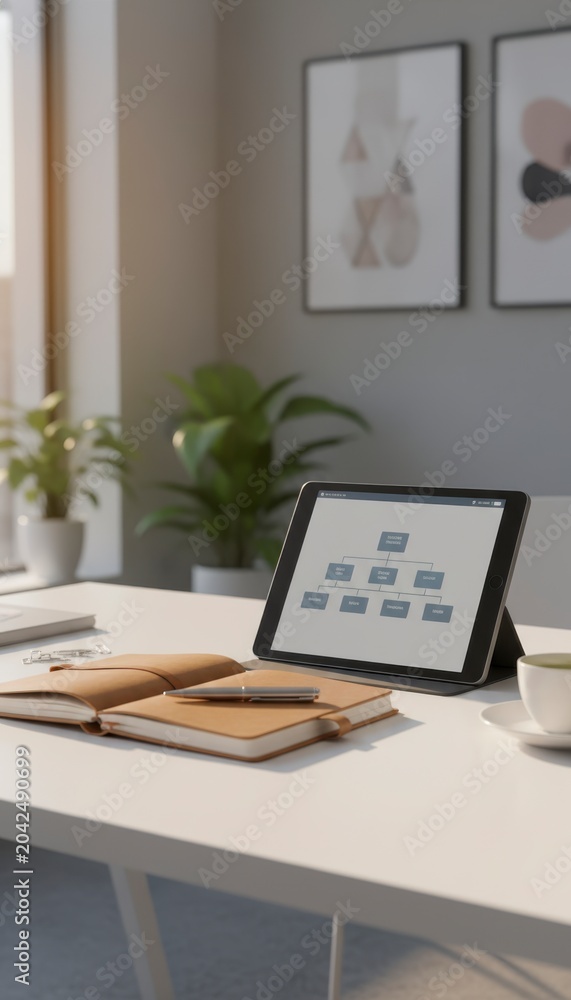 Fototapeta premium Modern office desk with digital tablet, notebooks, and coffee cup in bright workspace with plants and wall art