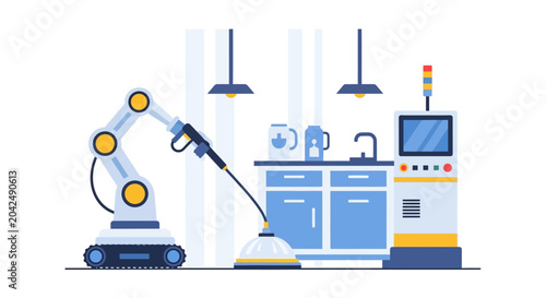 Automated Robotic Arm System in Modern Industrial Laboratory with Control Panel, Smart Manufacturing and Industry 4.0 Concept Flat Vector Illustration