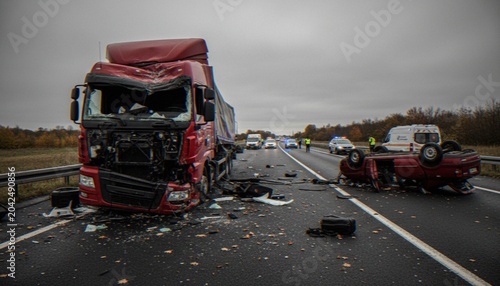 Obraz na płótnie A severe road accident on a highway featuring a heavily damaged red semi-truck and an overturned passenger car with emergency vehicles on the scene