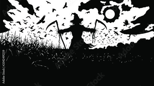Cuadro en lienzo scarecrow silhouette against moonlit sky moon birds