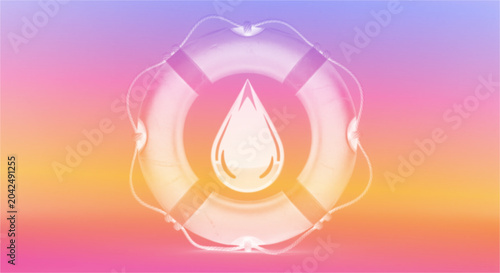 Empty grid template in the form of a gradient drop surrounded by lifebuoy on colorful background  