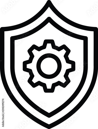 Modern minimalist outline icon of a shield with a gear inside representing security protection and industryrelated services