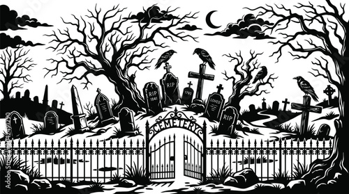 Quadro su tela graveyard scene black and white line art