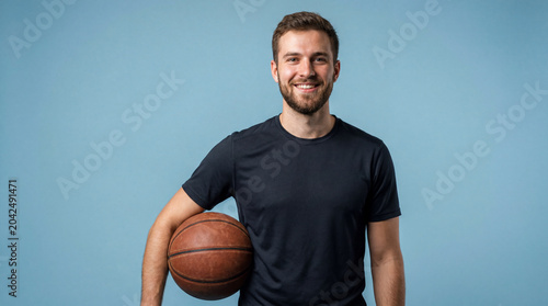 Athlete poses with a basketball while standing against a solid light blue background.