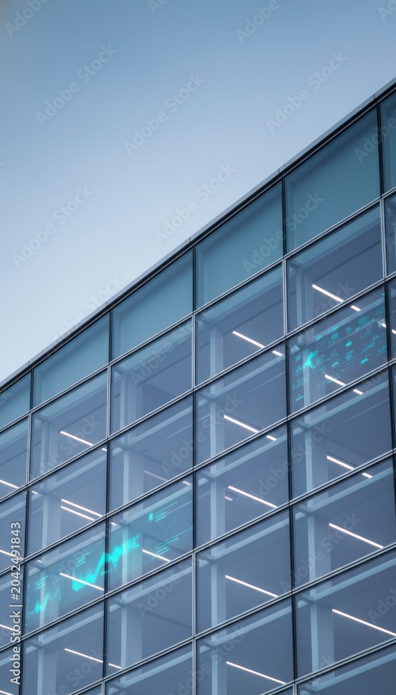 Obraz premium Modern glass office building facade with digital data visualization overlays under a clear sky