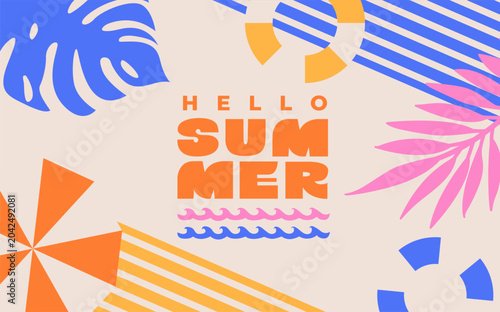 Greeting summer with beach holiday vibe. Top view on beach with tropical leaves. Summer positive vibe design for sales, invitations, posters,flyers, web, covers, ads.Negative space vector illustration