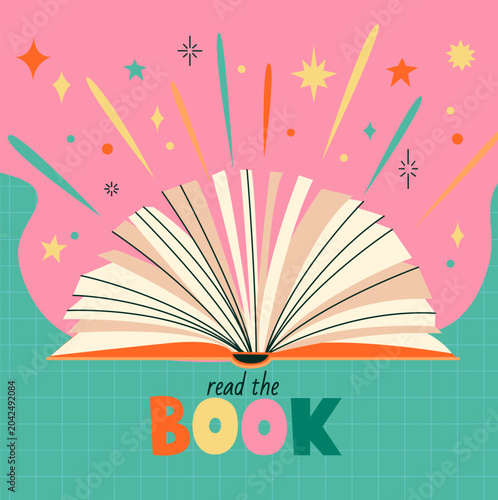 Open book with sparks and stars bursting out of the pages, showing the power of imagination. Dreams from reading the books. Imagination magic world. Relax and enjoy reading concept.Vector Illustration