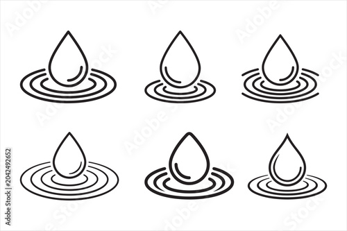 Set of water drop icons with ripples