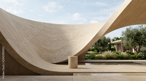 Graceful contemporary architectural structure with organic, flowing curves and natural textures, creating a serene outdoor oasis amidst lush landscaping and a tranquil water feature