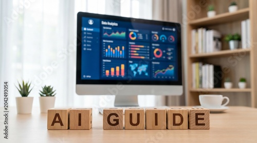 AI Guide Wooden Blocks on Desk with Data Dashboard Background