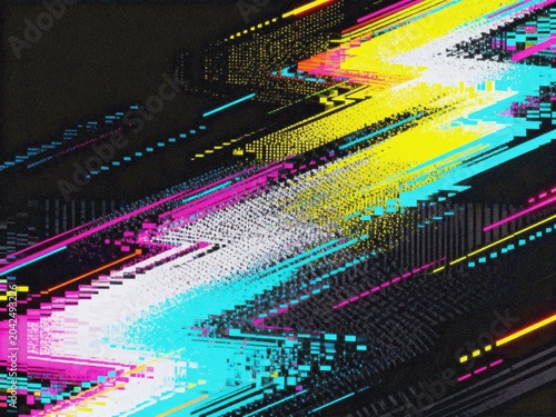Cyberpunk glitch effect with RGB distortion on black background, noisy texture, banner, backdrop design
