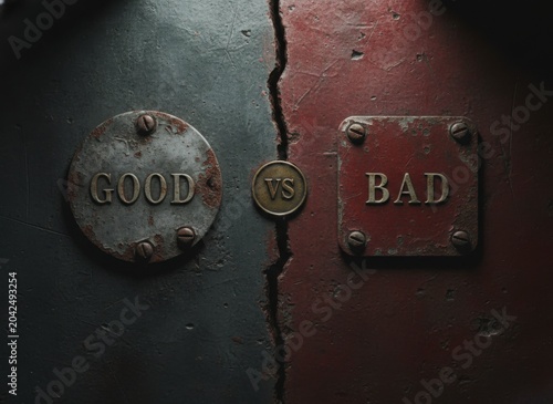 Good vs Bad Conceptual Graphic with Split Metal Background and Coin