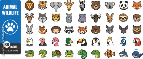 Canvas Print Cute Cartoon Animal and Wildlife Face Icons Set
