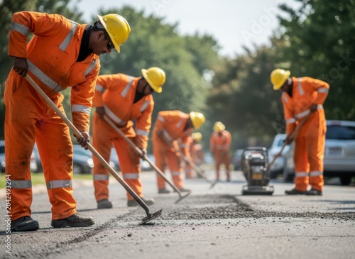 Road Construction Workers in Orange Uniforms Repairing Asphalt Street