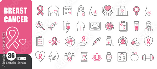 Breast Cancer Awareness Medical Line Icons Set for Oncology and Women Health