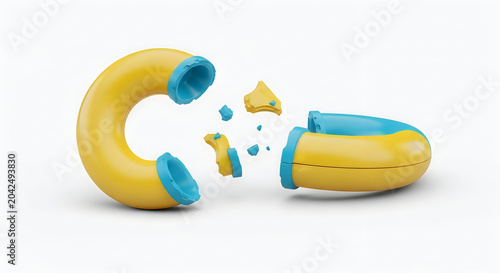 Broken yellow and blue plastic ring or curved pipe object, shattered conceptual element isolated on white background.
