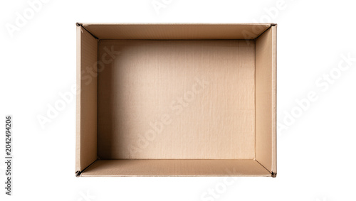 Fotografía Empty open cardboard box with brown corrugated texture, isolated on transparent