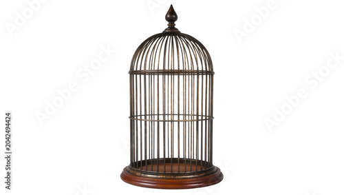 Foto Ornate antique metal bird cage with wooden base, isolated on transparent backgro