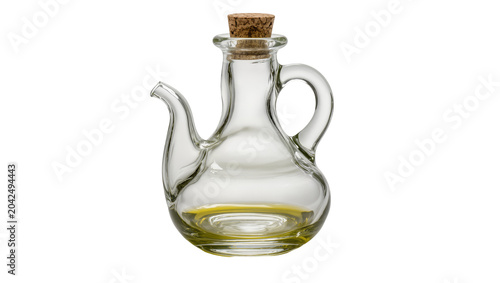 Schilderij op canvas Clear glass cruet with cork stopper and olive oil, isolated on transparent backg