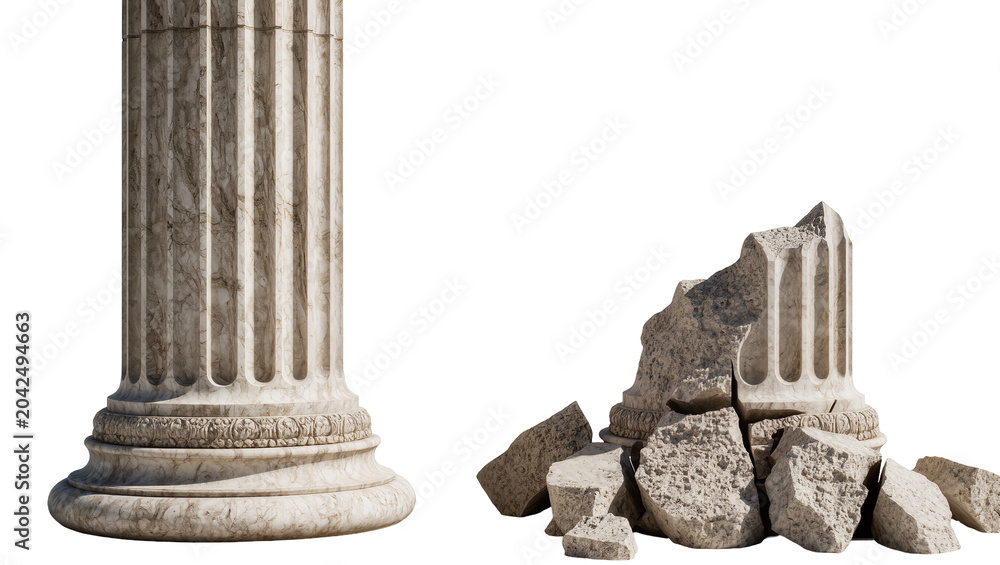 Naklejka premium Marble Corinthian column and broken fragments, isolated on transparent background