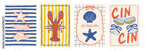 Set of trendy vintage posters featuring La Dolce Vita. Summer Italy. Vector design of minimalist retro doodle postcards. Suitable for seasonal design, menus, invitations, social media, T-shirt prints.