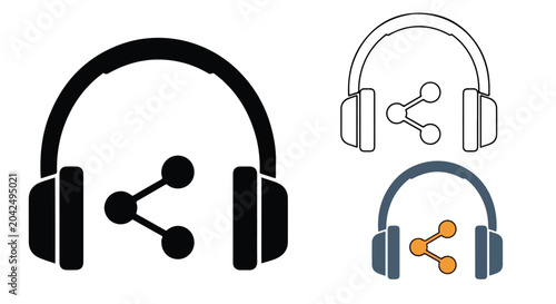 Set of three modern headphone icons with sharing symbols in black gray and blue colors for audio or music technology