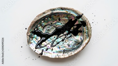 Abalone shell filled with squid ink on a textured surface