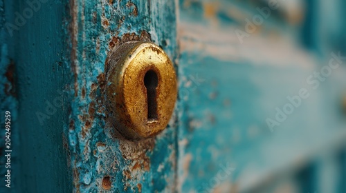 Weathered brass keyhole detail on a turquoise turkish blue door