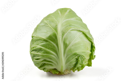 Foto A head of young cabbage isolated on a white background.