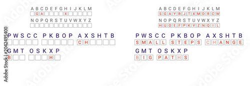 Slika na platnu Letter cryptogram that says: Small steps change big paths, with three open lette