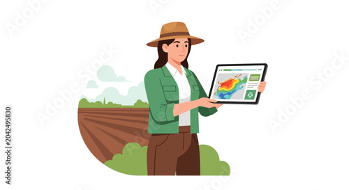 Modern Smart Farming Illustration: Female Farmer Holding Tablet with Heat Map for Precision Agriculture and Data Analysis in Rural Field Landscape