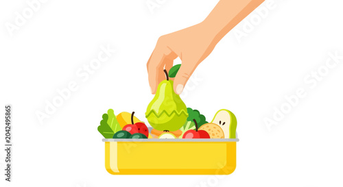 Hand Picking a Fresh Pear from a Healthy Lunch Box Filled with Fruits and Vegetables, Flat Vector Illustration