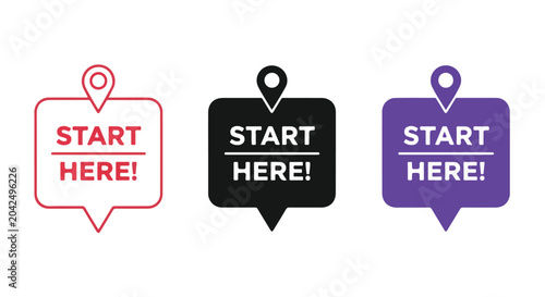 Three colorful start here signs in red black and purple with location pins for navigation or directions