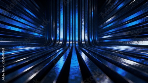 Blue glowing stripes on dark background, metallic shine effect, noisy texture, gradient design, banner, backdrop