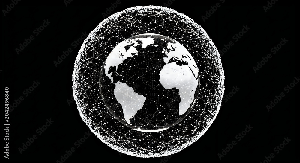 Fototapeta premium White glowing earth globe surrounded by an intricate digital mesh network against a deep black background for modern tech concepts