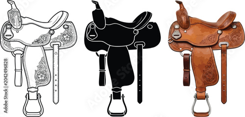 Obraz na płótnie Western horse saddle vector set featuring outline solid silhouette and detailed