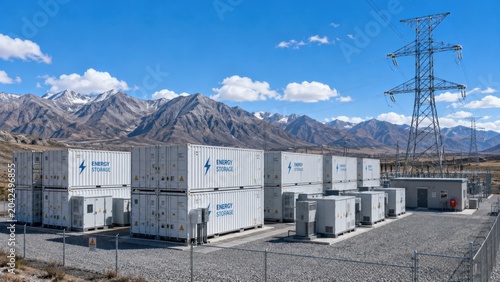 Battery energy storage containers next to transmission towers outdoors