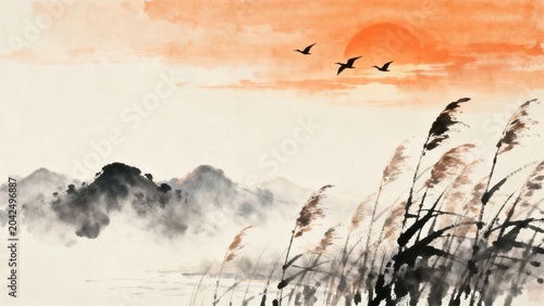 Sunset landscape with birds and reeds