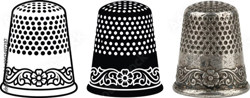 Cuadro en lienzo Set of vintage sewing thimbles featuring detailed vector illustrations and a rea